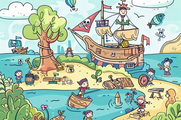 Cartoon cute doodles of kids exploring a pirate ship and searching for hidden treasures in an adventurous playground, Generative AI