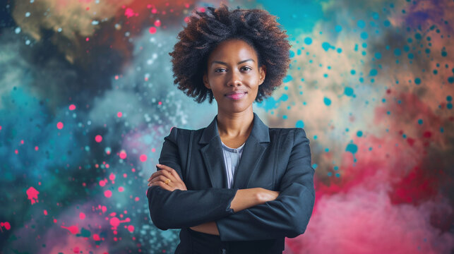 A powerful woman standing in front of a backdrop of victory and celebration,
