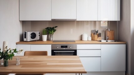 Kitchen with cooking stove, oven and table. Cabinet design in small home. Electric ceramic induction cooker. Contemporary scandinavian white decor and wood counter. Interior or condo apartment