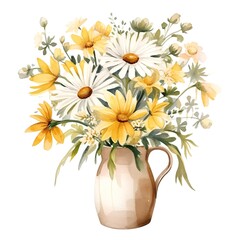 Watercolor bouquet of daisies in a vase. Hand painted illustration
