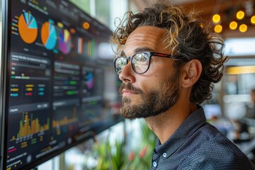 A content creator analyzing engagement analytics on a large screen, planning the next viral marketing campaign