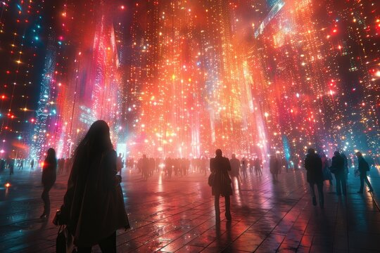 A dynamic, colorful depiction of a music festival, with holographic stages and virtual reality concert experiences