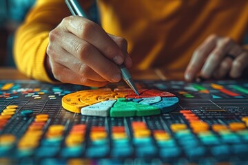 A marketer drawing insights from a 3D pie chart and bar graphs, visualizing market segmentation and consumer preferences