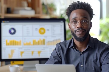 A marketer presenting a digital campaign strategy to clients, with a backdrop of live data analytics and performance metrics