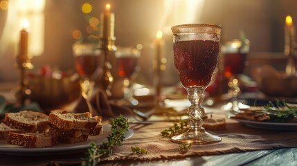A close-up of a cup of wine on a Passover table, symbolizing joy and freedom, essential elements of the Second Passover celebration. - obrazy, fototapety, plakaty