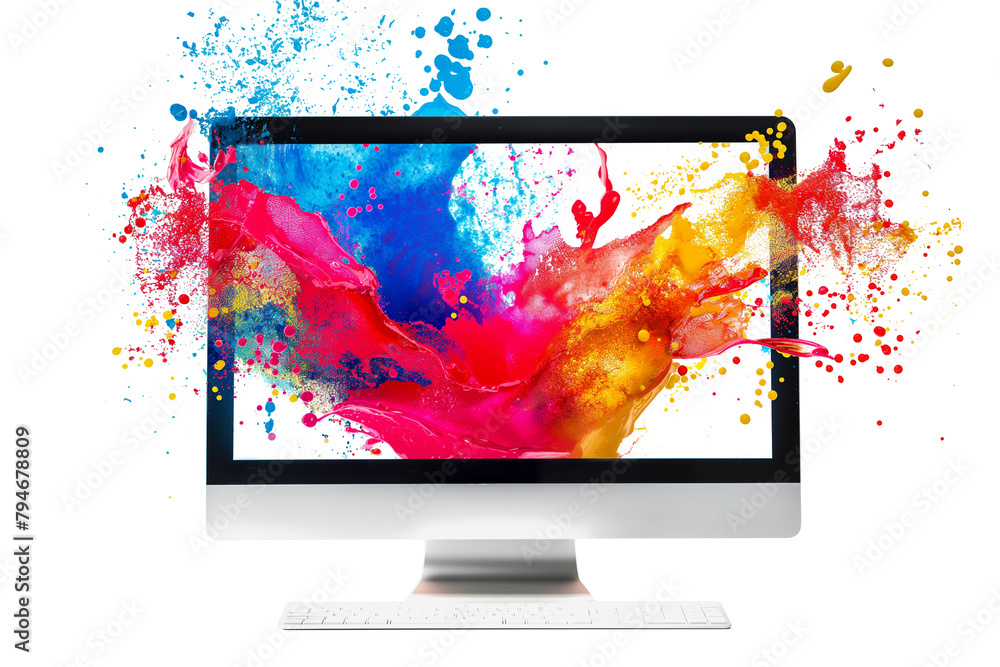 Fototapete a computer monitor with a colourful liquid splash isolated on a transparent background