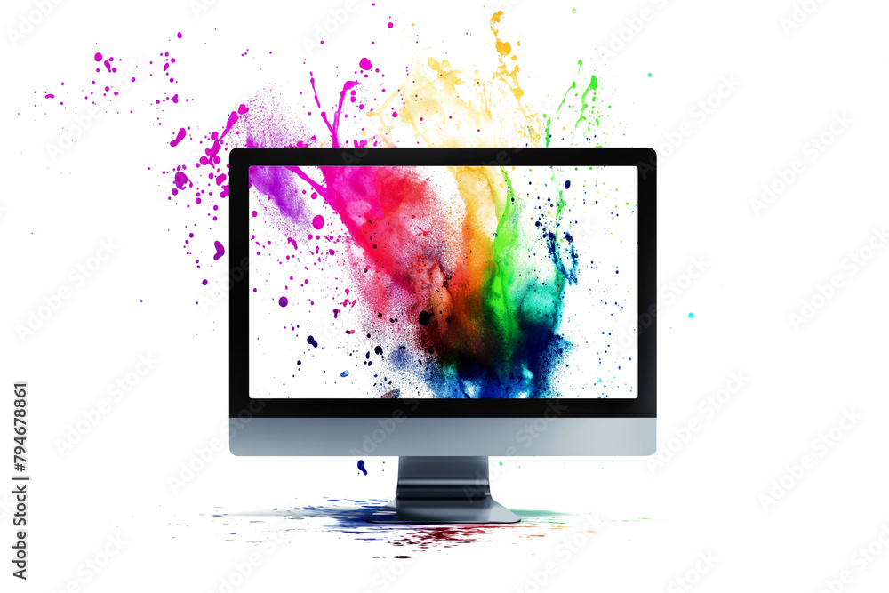 Poster a computer monitor with a colourful liquid splash isolated on a transparent background