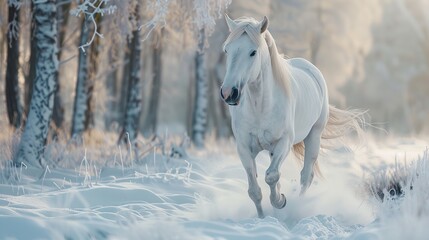Obraz na płótnie Canvas A white horse is running through a snowy forest. The horse is galloping with its mane and tail flowing in the wind. The trees in the forest are bare, and the snow is thick on the ground. The horse is 