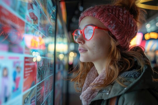 Customer enjoying a personalized shopping experience in a smart store, with AI recommendations displayed on interactive mirrors