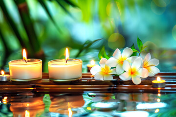 Two burning cosmetic candles on a bamboo stand, frangipani flowers and tropical leaves reflected in the water, bokeh, relaxation spa background