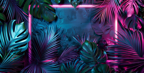 Vibrant neon turquoise, green and purple tropical leaves and plants, neon rectangular frame, abstract banner, background
