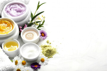 Spa still life with cosmetic products, creams, towels, flowers and herbs on white background, closeup, Spa salon