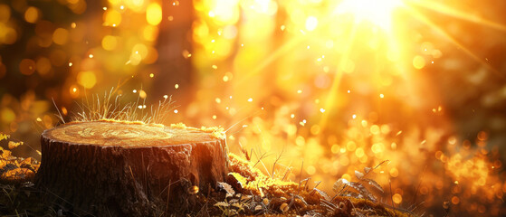Tree stump in the forest with golden sun rays and bokeh effect, natural ecological podium for your product