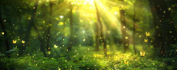 Sunny summer forest with green grass and golden bokeh lights