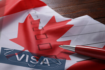 Visa to Canada. Multiple exposure with national flag, closeup