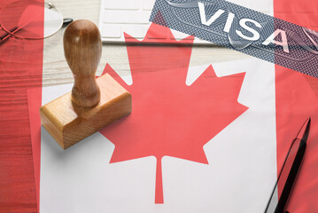 Visa to Canada. Multiple exposure with national flag and stamp