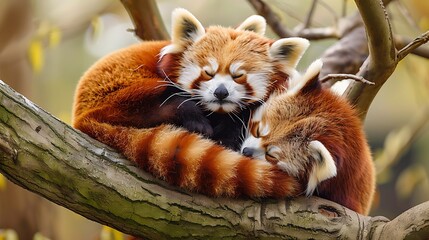 A pair of red pandas cuddled together in a tree, their fluffy tails intertwined as they nap