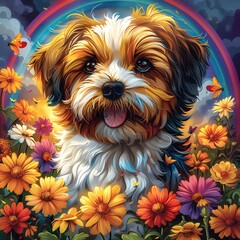 Delightful Flower Dog Surrounded by Vibrant Rainbow and Blossoms in Creative Haven Inspired