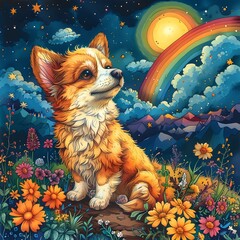 Enchanting Kawaii Chihuahua in a Whimsical Flower Filled Landscape with a Rainbow and Starry Sky