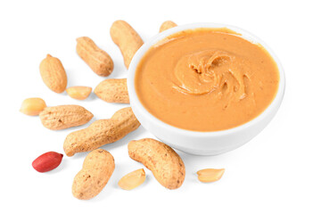 Delicious nut butter and peanuts isolated on white