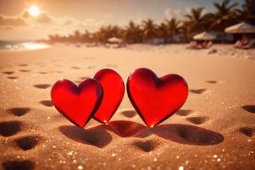 Red hearts together on the beach, showing holiday summer romance