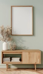 white vertical picture frame on the wall, wooden sideboard in front of it, interior mockup design