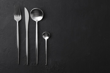 Beautiful cutlery set on black table, flat lay. Space for text