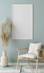 white vertical picture frame on the wall of an empty living room, interior mockup