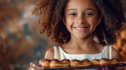 A young girl is holding a tray of donuts. She has curly brown hair and is smiling.

