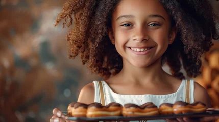 Foto op Plexiglas A young girl is holding a tray of donuts. She has curly brown hair and is smiling.   © Awais