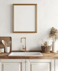 white wall with wooden countertop and sink, golden frame on the white cabinet above counter top, mockup interior