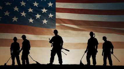 silhouettes of labors against the backdrop of waving american flag