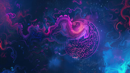 ramadan, blue, purple, digital, innovative, tech, neon colors, izolated purle backround