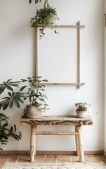Wooden rustic bench with plants and potted greenery on a white wall, a mockup of a blank wooden frame in a simple interior design