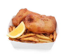 Tasty fish and chips with lemon in paper box isolated on white