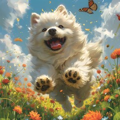 Playful Flower Dog Participating in Joyful Park Race with Supportive Crowd and Fluttering Butterfly - obrazy, fototapety, plakaty