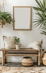 Wooden rustic bench with potted plants on a white wall background, a mockup of a wooden frame poster stand in the style of an interior design