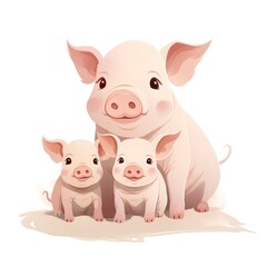 Vector illustration of pig family on white background. Mother, father and two little pigs.