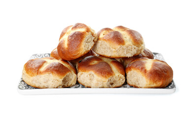 Tasty hot cross buns isolated on white