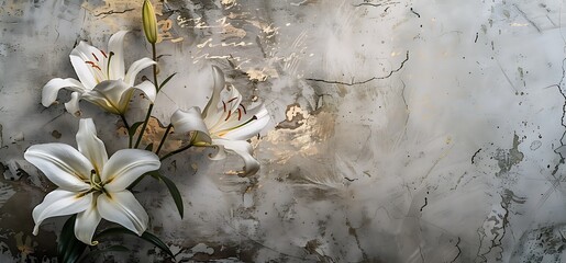 A white lily placed against the dull texture of an old concrete wall. accented by hints of gold elements. evokes a scene.