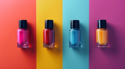 Three bottles of nail polish on a colorful background