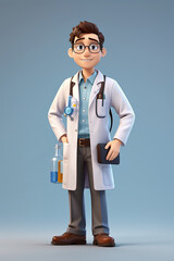 A cartoon doctor is holding a bottle and a book