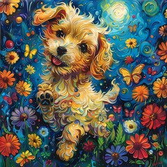 Playful Kawaii Flower Dog Dancing in a Vibrant Wildflower Field with Butterflies and Enchanting Creatures