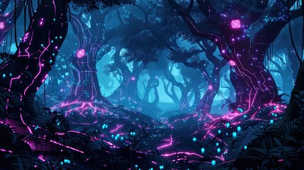 Techno jungle with neon vines and circuitry trees --ar 16:9 Job ID: 544d9dec-495c-43c3-9b1f-3daab94a2082