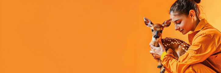 Wildlife rescuer saving baby deer web banner. Wildlife rescuer saving baby deer on orange background with space for text. - obrazy, fototapety, plakaty