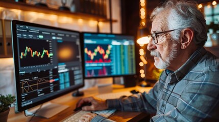 Senior man checking stock market updates on his computer in a home office