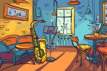 Cartoon cute doodles of a jazzy saxophone blowing soulful melodies in a cozy jazz club, Generative AI