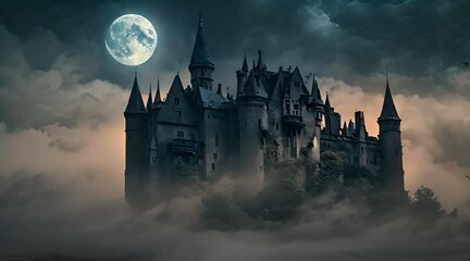 Scary Halloween castle under a full moon in the dark night