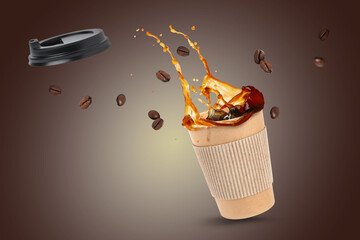Aromatic coffee in takeaway paper cup and roasted beans in air on brown gradient background