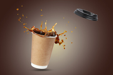Aromatic coffee in takeaway paper cup in air on brown gradient background